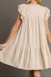Floral Embroidery Pom Pom Ruffle Sleeves Mini Dress OutfitFlow